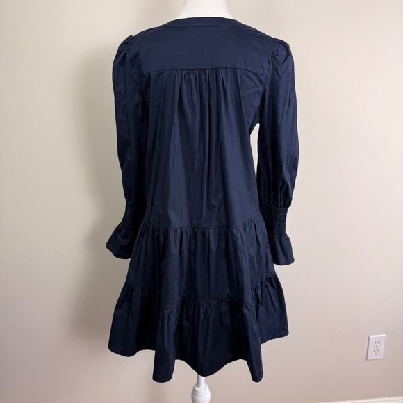 Pomander Place Kenzo Poplin Mini Dress Navy Blue Cotton Smocked Puff Sleeve Med. - Picture 3 of 8